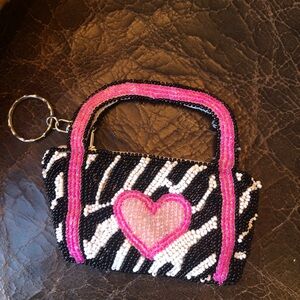 Twos Company Heart Pink and Black Beaded Mini Coin Purse